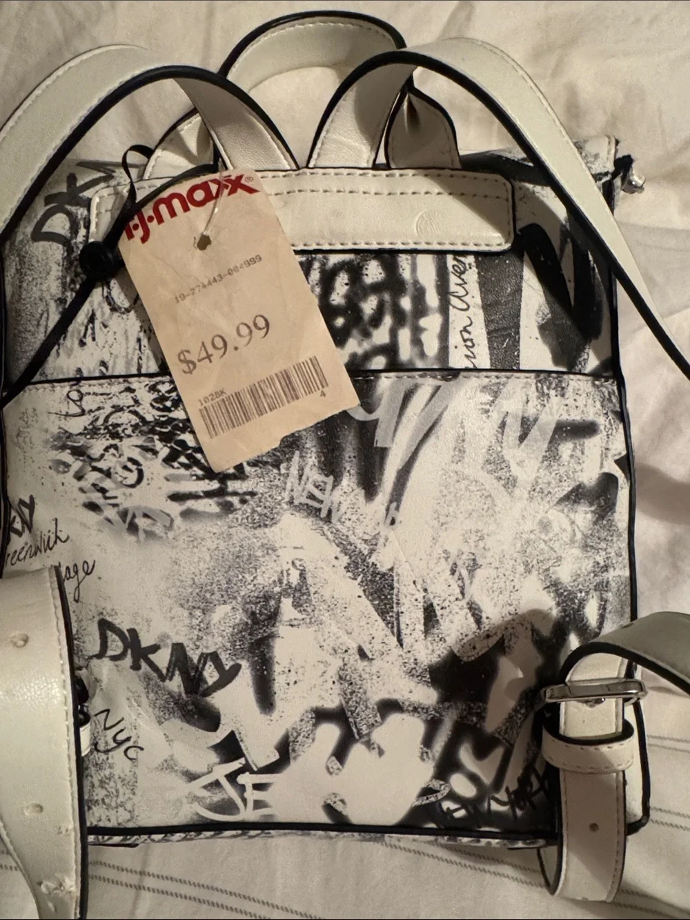DKNY White and Black Graffiti Print Leather Backpack